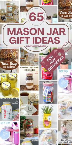 mason jar gift ideas with text overlay that says, 65 mason jar gift ideas