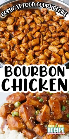 two pictures with the words bourbon chicken on them