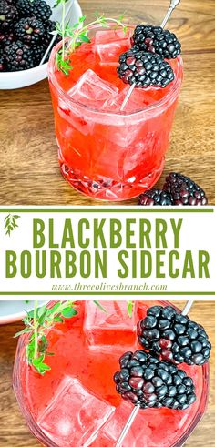 two glasses filled with blackberry bourbon soda and garnished with fresh blackberries on the rim