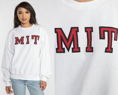 "Vintage 90s sweatshirt in white with the MIT logo on the front. Please see measurements and condition below. Every garment we sell is authentic vintage and one-of-a-kind! You will receive the exact item photographed. Condition: Very good vintage. Best fits women's: 2xl Best fits men's: Extra Large Tag: champion Material: Cotton / polyester blend MEASUREMENTS Taken from seam to seam while the garment is lying flat. Double the armpit, waist, and hips For reference, model is 5'10\" and measures 31 Vintage White Sweatshirt For College, White 90s Sweatshirt For Fall, 90s White Sweatshirt With Letter Print, White 90s Crew Sweatshirt, White 90s Crew Neck Sweatshirt, White Crew Neck 90s Sweatshirt, 90s White Crew Sweatshirt, Retro White Sweatshirt With Text Print, Vintage White Sweatshirt With Logo Print