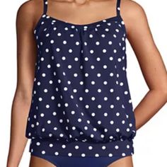 Brand: Land's End New W/Tag Color: Navy Sea Blue W/White Polka Dots (Floral Print In Picture Is To Show What The Back Of The Tankini Looks Like) Size: 4 D-Cup Adjustable Shoulder Straps Resists Breakdown From Chlorine, Sunscreen, Uv Rays And Sweat Bust Minimizer Design Upf 50 Sun Protection Scoopneck Lined Nylon/Spandex Hand Wash Cold Pet/Smoke Free Home Casual Sleeveless Swimwear With Polka Dot Pattern, Casual Polka Dot Swimwear For Spring, Casual Sleeveless Polka Dot Swimwear, Polka Dot Fitted Tankini For Vacation, Fitted Polka Dot Tankini For Vacation, Casual Polka Dot Swimwear For Pool, Summer Polka Dot Tops For Beach, Polka Dot Sleeveless Tankini For Summer, Sleeveless Polka Dot Tankini For Summer