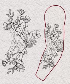 a drawing of some flowers on a piece of paper with red thread in the middle