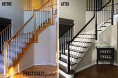 before and after photos of a staircase in a house with wood floors, white railings and black handrail