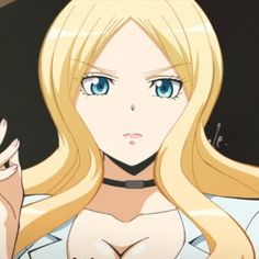 an anime character with blonde hair and blue eyes holding her hand up in front of her face