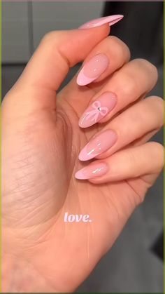 coquette vibes nails #coquette #nails #pink #pinknails Pink Coquette Nails Almond, Nail Inspo Trendy Pink, Feb Nails Valentines Day Pink, Nails Inspo Coquette, Cute Bow Nails Almond, Coquette Nails Acrylic Almond, Coquette Almond Nails, Neutral Design Nails, Simple Coquette Nails