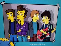 the simpsons characters are standing together in front of a television screen with an electric guitar