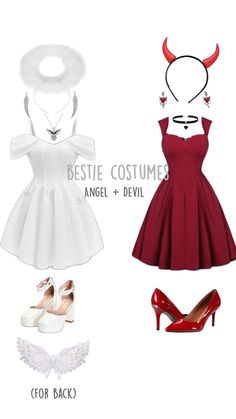 the dress is red and white with horns on it, while shoes are also white