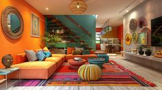 a living room with orange walls and lots of colorful pillows on the couches in it