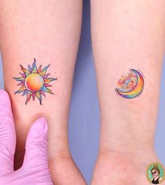 Moon Tattoo Colorful, Maching Tattoos, Moon Sun Tattoo, Celestial Tattoo, Sun And Moon Tattoo, Sun Tattoo Designs, Tattoos Infinity, Bestie Tattoo