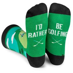 two pairs of green socks that say i'd be rather golfing on them