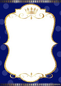 a blue and gold frame with a crown on the top, surrounded by polka dots