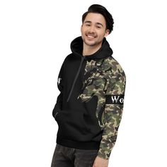 Our Men's Camo Wolf Hoodie has a striking camo wolf on the outside, with even softer brushed fleece inside. The hoodie has a relaxed fit. It's perfect for wrapping yourself into on a chilly evening, especially if you're out walking your pup!This item is thick and definitely for cold weather wear.Details:• 70% polyester, 27% cotton, 3% elastane• Soft cotton-feel fabric face• Brushed fleece fabric inside• Double-lined hood with design on both sides• Comes with drawstrings• Overlock seams Size Char Camouflage Hoodie For Winter Streetwear, Camouflage Hoodie Sweatshirt For Streetwear, Winter Camouflage Sweatshirt For Streetwear, Camouflage Fleece Hoodie Sweatshirt, Camouflage Hoodie For Streetwear, Sporty Camouflage Sweatshirt For Winter, Camouflage Hoodie Sweatshirt With Adjustable Hood, Camouflage Fleece Hoodie With Drawstring Hood, Camouflage Hoodie With Drawstring For Streetwear