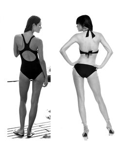 two women in swimsuits standing next to each other, one with her back turned