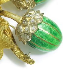 Once Upon A Diamond Earrings Yellow Gold & Platinum Vintage Diamond Acorn with Leaves Brooch 18K & Enamel Yellow Gold Enamel Brooch Jewelry, Elegant Green Diamond Brooch, Luxury Green Pendant Brooches, Formal Green Enamel Brooches, Vintage Green Diamond Brooches, Wedding Brooch, Green Enamel, Vintage Diamond, Yellow White