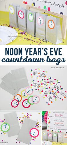 there are many bags with different designs on them and the words noon year's eve