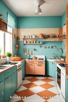 a kitchen with blue and orange walls, white appliances and checkerboard flooring