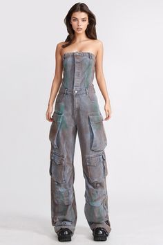 Combining classic denim with modern cargo pockets and wide legs, this strapless jumpsuit is the perfect mix of style and comfort. With neutral colors and an effortless fit, you'll be ready for any outing.Fabric: Cotton, Polyester Utility Denim Overall With Cargo Pockets, Utility Denim Cargo Pocket Overalls, Utility Washed Overalls Jumpsuit, Denim Cargo Pocket Jumpsuit Overalls, Casual Denim Cargo Jumpsuit, Summer Overalls With Cargo Pockets, Casual Denim Cargo Style Jumpsuit, Spring Cargo Style Overalls, High Waist Strapless Jumpsuit With Pockets