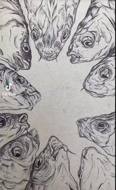 a drawing of some animals with their heads in the middle of them's eyes