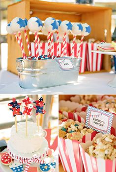 red, white and blue desserts are on display at a patriotic themed birthday party