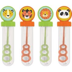 four plastic toothbrushes with animals on them