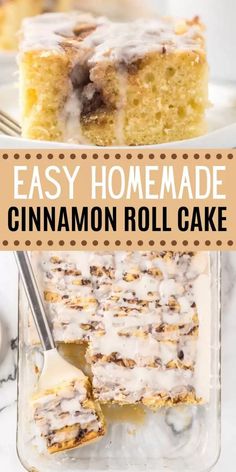 easy homemade cinnamon roll cake with icing in a glass dish and on a plate