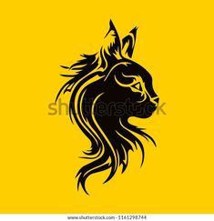 the head of a cat with long hair on a yellow background, suitable for logos or emblems