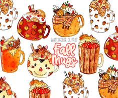 watercolor clipart fall mugs