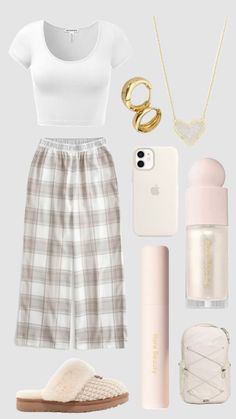 the contents of a woman's outfit including an iphone case, shoes and accessories