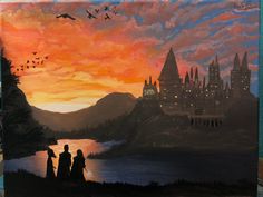 a painting of some people standing in front of a castle at night with the sun setting