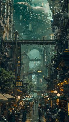 a futuristic city with people walking down the street and lots of buildings on either side