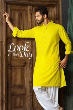 Men Kurta Design Ready to Wear 2015 (3) Yellow Kurta Men, Kurta For Man, Pantalon Thai, Traditional Kurta, Yellow Kurta, Indian Groom Wear, Kurta Men, Mens Kurta Designs, Indian Men Fashion