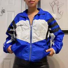 Adidas Lined Blue Black And White Wind Breaker Rare Adidas White Athleisure Outerwear, Adidas Blue Athleisure Outerwear, Adidas Blue Sporty Windbreaker, Blue Long Sleeve Sports Windbreaker, Blue Adidas Sports Windbreaker, Adidas Hooded Moisture-wicking Windbreaker, Blue Long-sleeved Sports Windbreaker, Jd Sports, Snow Jacket