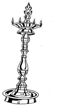 a black and white drawing of a water fountain with three candles on the top, surrounded by drops of water