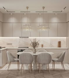 a dining room table surrounded by chairs in front of a kitchen with marble counter tops