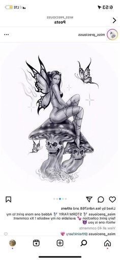 a drawing of a woman sitting on top of a mushroom with butterflies flying around her