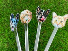 four different colored cats and dogs are on top of the toothpicks with green grass in the background