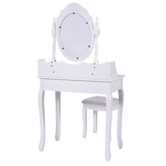 a white dressing table and stool with a mirror on the top, against a white background