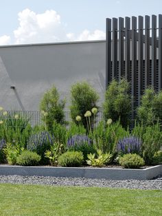 a large garden with lots of plants and flowers next to a building in the background