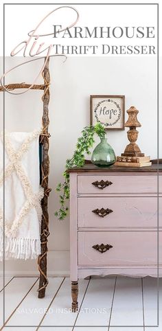 an old dresser is painted pink and has the words easy diy dresser backboard on it