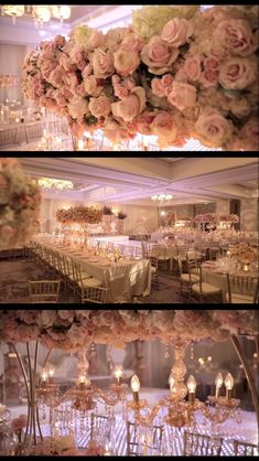 wedding reception setup with flowers and candles in centerpieces, chandeliers and tables