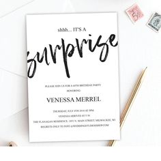 a surprise birthday party card with stamps on it and envelopes next to it that says surprise