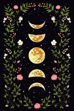 three phases of the moon surrounded by flowers and leaves on a black background with stars