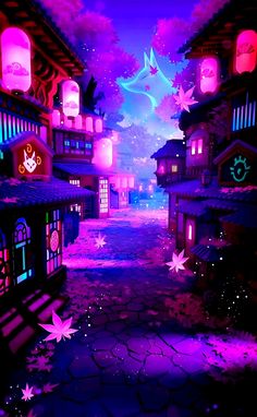 an animated city with lots of purple lights and stars on the buildings, as well as pink