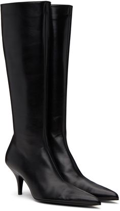 Knee-high polished calfskin boots in black. · Pointed toe · Zip closure at inner-side · Grained leather lining · Covered stiletto heel with rubber injection · Leather sole with rubber injection · H2.75 Supplier color: Black Elegant Fitted Patent Leather Platform Boots, Luxury Patent Leather High Heel Knee-high Boots, Luxury Platform Boots With Sculpted Heel And Pointed Toe, Luxury Patent Leather Knee-high Boots For Formal Occasions, Luxury High Heel Patent Leather Knee-high Boots, Luxury High Heel Knee-high Boots In Patent Leather, Luxury Square Toe Calf Leather Heeled Boots, Modern Formal Platform Boots With Padded Heel, Luxury Formal Platform Boots