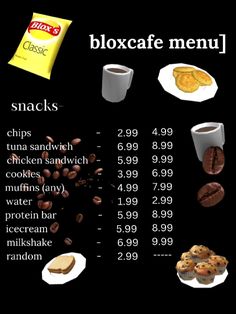 a menu with different types of snacks on it