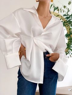 (1) SILK UNBALANCED BLOUSE – MINUSEY Party Blouses, Blouse Dress Outfit, Party Blouse, Polyester Shirt, Maxi Coat, Unique Blouse, Simple Blouse, Oversized Blouse, Women Blouses