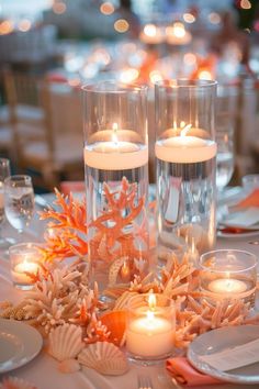 candles are lit on a table with seashells and corals around it, along with other place settings