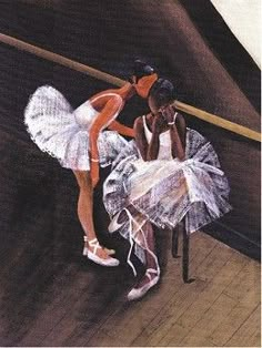 two ballerinas in white tutus are sitting on the stairs