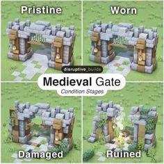 four different stages of medieval gate construction in the game, with instructions on how to build it