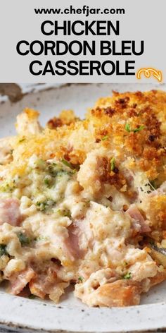 chicken cordon bleu casserole on a white plate